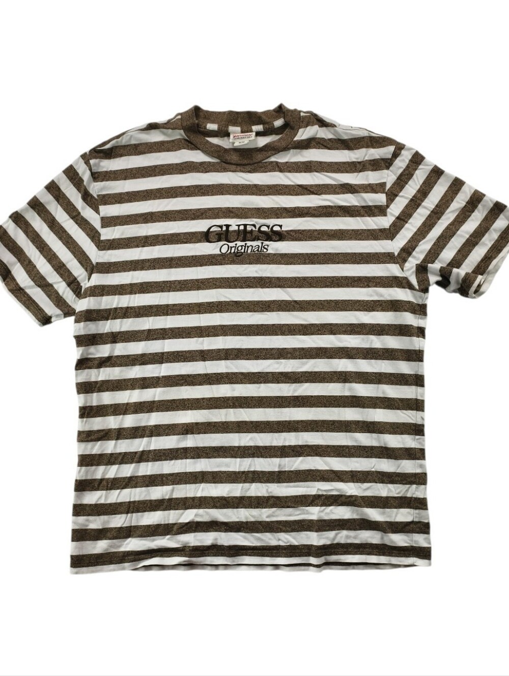 Vintage GUESS Originals Striped Tee Brown White Embroidered Men M Y2K Unisex